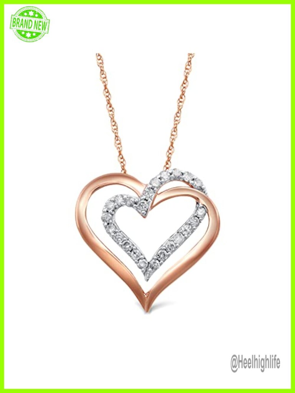 10k Rose Gold Double Heart Pendant Necklace 1/4 Cttw Diamond